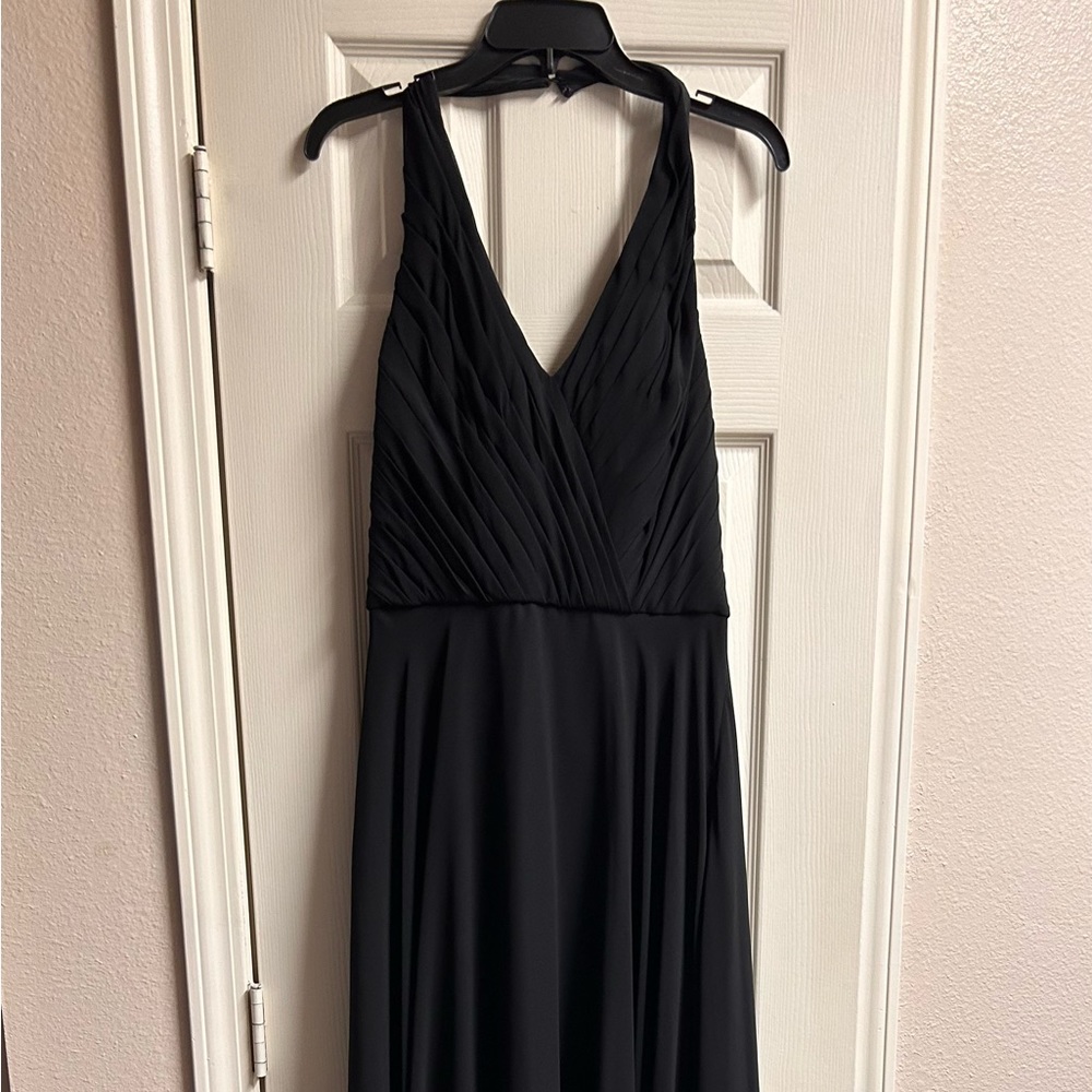 MoriLee by Madeline Gardner, black, floor length, halter top dress.